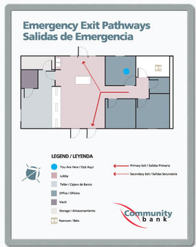 emergency exit pathway signs multi-lingual floor plan signs